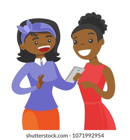 Young african-american woman showing something to her friend on smartphone. Female friends looking at cellphone and laughing. Vector cartoon illustration isolated on white background. Square layout.