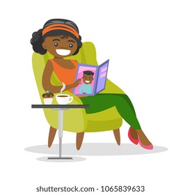 Young african-american woman sitting on an armchair with a magazine in hands. Woman reading a magazine and drinking coffee. Vector cartoon illustration isolated on white background. Square layout.