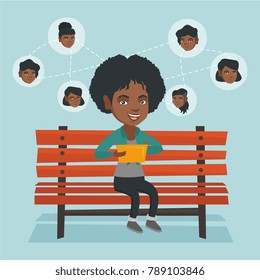 Young african-american woman sitting on a bench and using a tablet computer with network avatar. Woman surfing in the social network. Social network concept. Vector cartoon illustration. Square layout