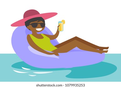 Young african-american woman in sunglasses relaxing in swimming pool. Cheerful woman in glasses sitting on rubber inflatable chaise longue on water. Vector cartoon illustration. Horizontal layout.