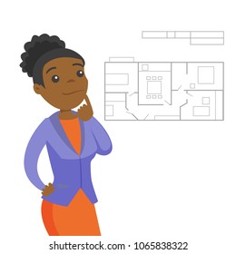 Young african-american woman thinking about blueprint of new apartment. Female designer working on home interior design. Vector cartoon illustration isolated on white background. Square layout.