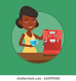 Young african-american woman using coffee-machine. Woman holding cup of hot coffee in hand. Woman standing beside a coffee machine. Vector flat design illustration in the circle isolated on background