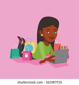 Young african-american woman using laptop for online shopping. Woman lying with laptop and making online shopping order. Woman doing online shopping. Vector flat design illustration. Square layout.