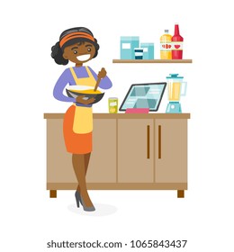 Young african-american woman whisking dough and baking at home. Happy smiling woman following a cake recipe on a digital tablet. Vector cartoon illustration isolated on white background. Square layout