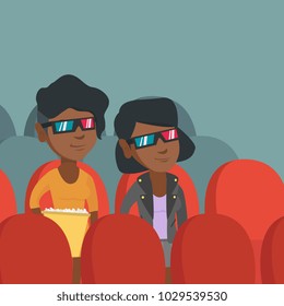 Young african-american women watching three D movie in the theatre and eating popcorn. Friends wearing three D glasses and watching movie in the cinema. Vector cartoon illustration. Square layout.