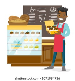 Young african-american worker of the bakery standing near the counter with cakes and offering pastry. Smiling salesman working in the bakery. Vector cartoon illustration isolated on white background.