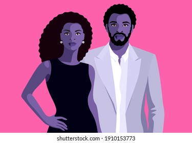 Young Africans. Couple in love, man and woman, wearing evening party clothes. Vector illustration