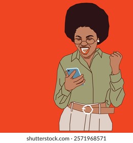 A young Afro African American woman with a vibrant smile, her curly hair framing her joyful expression as she looks at her phone, visibly excited by the messages she's reading.