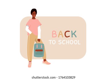 Young afro or afro-american girl with backpacks, university student. Back to school type. Vector illustration