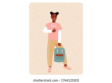 Young afro or afro-american girl with backpacks, university student. Back to school type. Vector illustration
