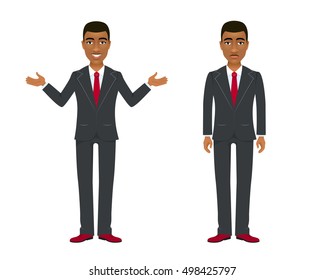  Young afro american businessman in suit in two different  poses and emotions. Vector cartoon character on white background.