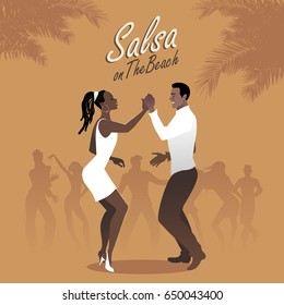 Young afro american couple dancing salsa. Vector illustration.