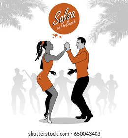 Young afro american couple dancing salsa. Vector illustration.