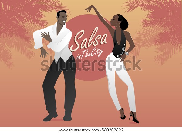 Young afro american couple dancing salsa.
Vector illustration.