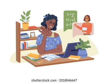 Young afro american girl has online lesson on math, teacher explaining new lesson on video chat, online distance education at home, flat cartoon. Vector virtual study, homeschool coronavirus