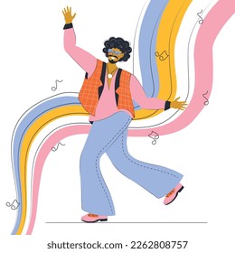 Young afro american hippie man in a vest and bell-bottoms dances against the backdrop of rainbow wave melody