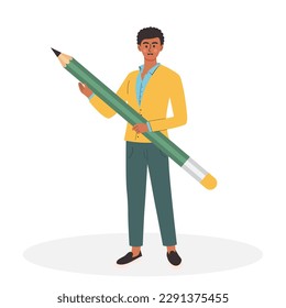 Young afro american man holding big pencil. Student boy with large pencil. Writing, creating, education, copywriting and blogging concept. Flat cartoon character.