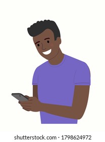 Young afro American man looks into the smartphone. Vector flat style  illustration