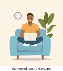 Young  afro American man sitting on the chair at home interior and working with laptop. Vector flat illustration