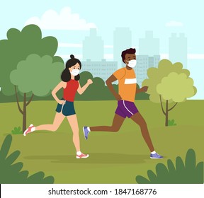Young afro american man and woman in a medical mask jogging in the park.  Vector flat style illustration