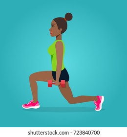 Young afro american sportswoman in sportswear doing squats with dumbbells. Vector flat style isolated illustration.