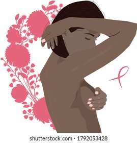 Young afro american topless woman doing breast self-examination (BSE). Breast Cancer Awareness. Woman on the flowers background. 