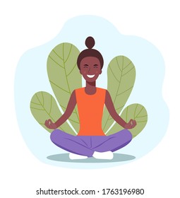 Young afro American woman doing yoga. Woman relaxing in the lotus position. Vector flat illustration.