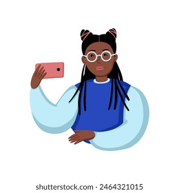 Young afro american woman with dreadlocks makes a selfie on her phone. Flat vector illustration on white background.