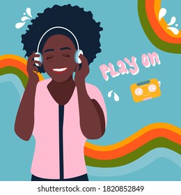 Young afro american woman in headphones listening to lovely music and smiling.Let the music play on. Melomaniac, fan. Rainbows on background and lettering.Poster or placard for jazz club,acoustic bar.