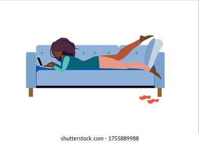 Young afro american woman lying on the sofa, working or studying on a laptop from home. Cozy home office. Freelance work or online training, or social networks. Flat vector illustration.