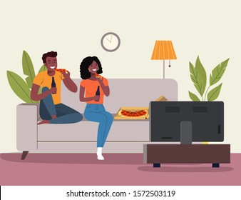 Young afro american woman and man sitting on sofa and eating pizza in the living room. Vector flat style illustration