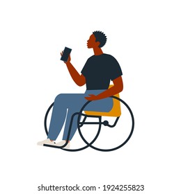 A young afro american woman sitting in a wheelchair. Happy girl with short hair living with a disability. Equal opportunities concept. Handicapped character. Vector illustration.
