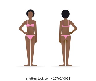 An young afro american woman slim size in underwear in front view and back view. The diet and body positive concept. Healthy lifestyle and fitness theme. Flat vector illustration