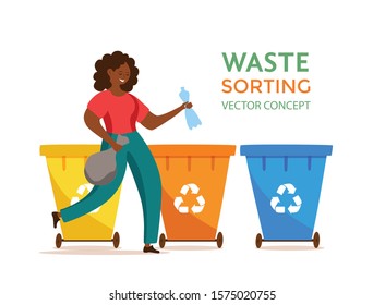 Young afro American woman throwing plastic garbage into containers vector illustration. Waste management concept with eco-friendly girl sorting waste into different tanks. Ecological infographic 