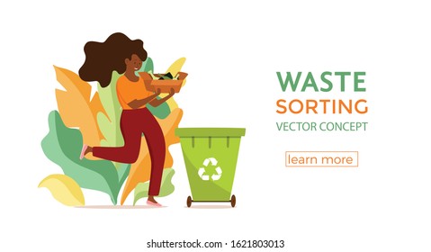 Young afro American woman throwing glass garbage into containers vector illustration. Waste management concept with eco-friendly girl sorting waste into different tanks. Ecological infographic