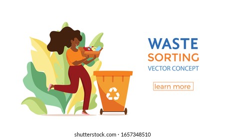 Young afro American woman throwing plastic garbage into containers vector illustration. Waste management concept with eco-friendly girl sorting waste into different tanks. Ecological infographic 