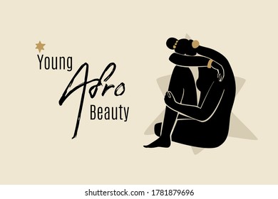 Young afro beauty banner template with sitting African American woman silhouette. Modern vector abstract flat stock graphic illustration with young beautiful black woman wearing golden earrings.