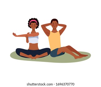 young afro couple athlete practicing exercise characters vector illustration design