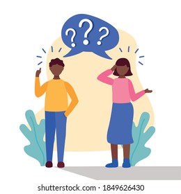 young afro couple doubting with question marks in speech bubble vector illustration design