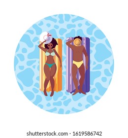young afro couple with float mattress in water vector illustration design