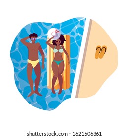young afro couple with float mattress in water vector illustration design