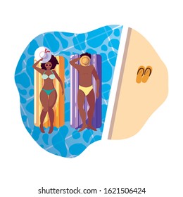young afro couple with float mattress in water vector illustration design