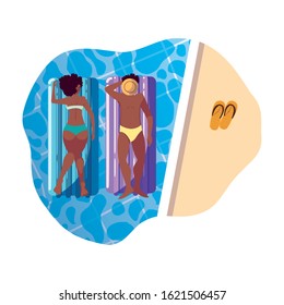 young afro couple with float mattress in water vector illustration design