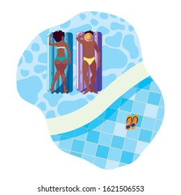 young afro couple with float mattress in water vector illustration design