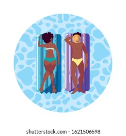 young afro couple with float mattress in water vector illustration design