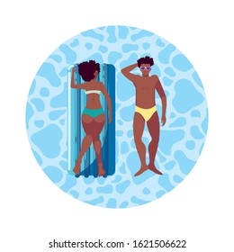 young afro couple with float mattress in water vector illustration design