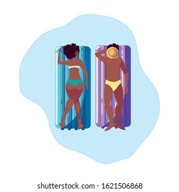 young afro couple with float mattress in water vector illustration design