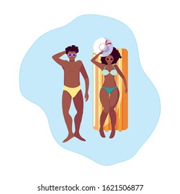 young afro couple with float mattress in water vector illustration design