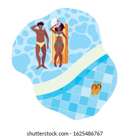 young afro couple with float mattress in water vector illustration design