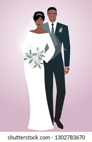 Young afro couple of newlyweds wearing wedding clothes. Elegant groom with suit and tie and beautiful bride with veil holding a bouquet of flowers